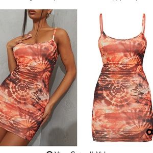 Orange tie dye print ribbed bodycon dress